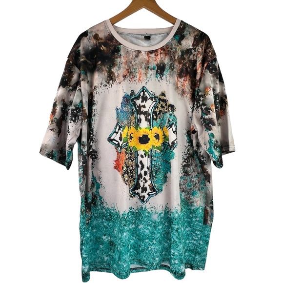New Western Christian Cross Crucifix T-Shirt Top 2X Sunflower Cowhide - Picture 2 of 8